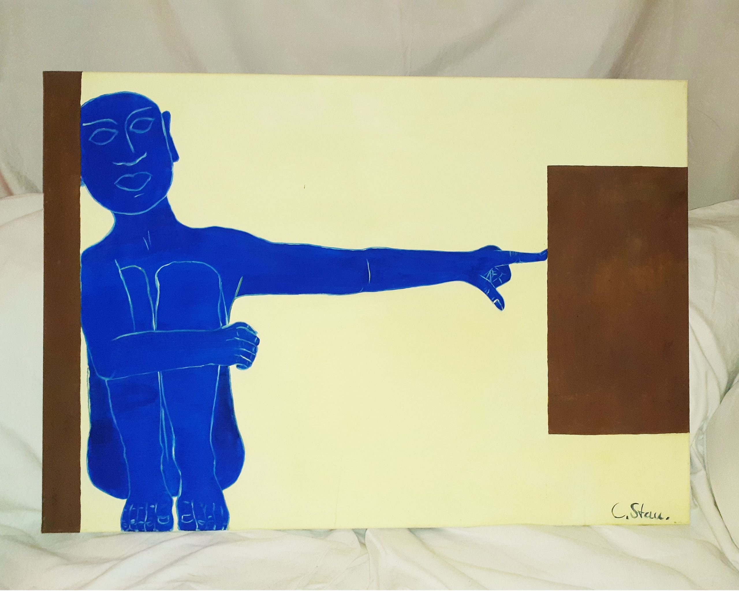 Bild: Ölbild mit Rost 70 cm x 100 cm Titel: "The power of habit"- "Die Macht der Gewohnheit" Eine Person in Remrandt-blau sitzt in einer Ecke und hält scheinbar mühelos einen Block in Rost-Optik auf der rechten Seite.