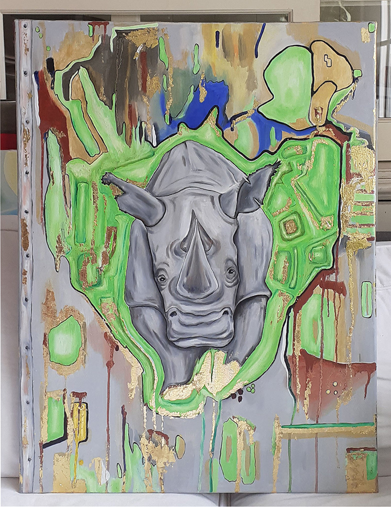 Rino stapft durch buntes Wunderland. Ölbild mit Blattgold. Titel: Rino im Wonderland