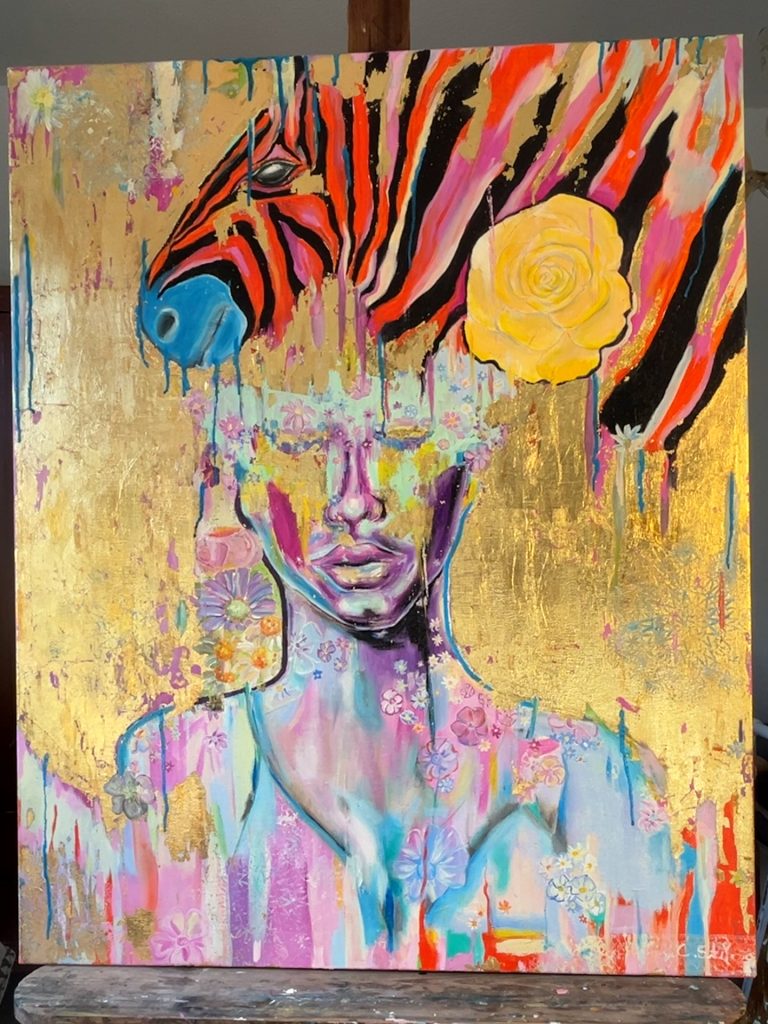 Eine Reise zu deinem inneren Licht. Nachdenkliche Person mit Zebra, Blume und Blattgold in starken Farben.