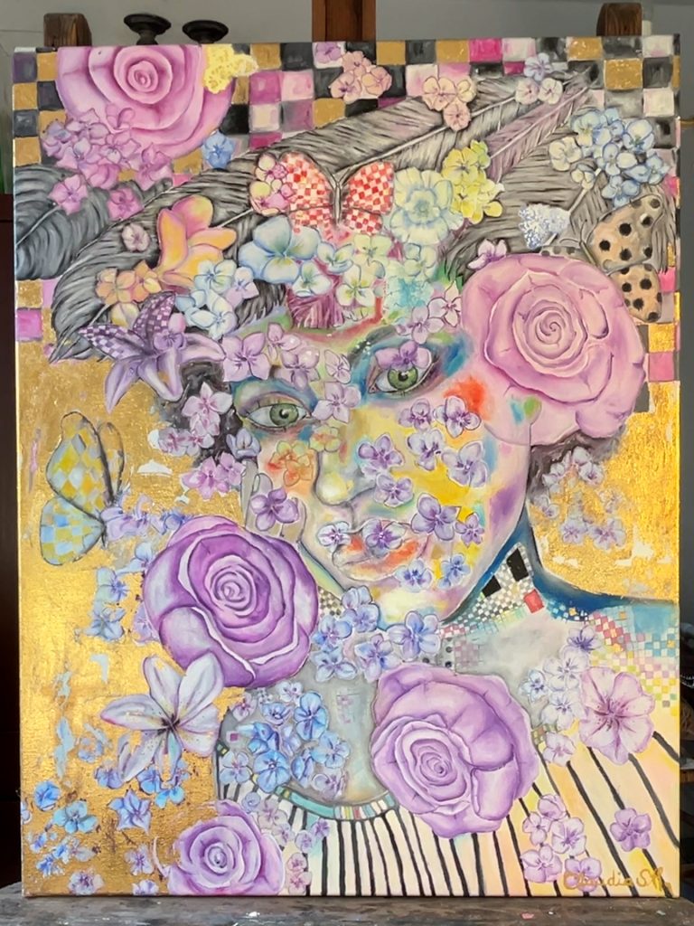 Ölbild mit Blattgold, Titel: Now Frau oder Mann hinter Blumen mit abstrakten Elementen