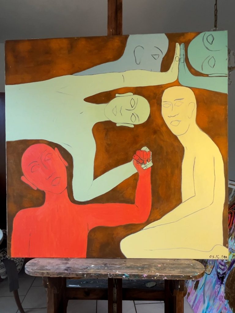 Ölbild mit Rost auf Leinwand. Mehrer Personen halten sich an den Händen. Einheit entsteht. Titel: Once upon a time.