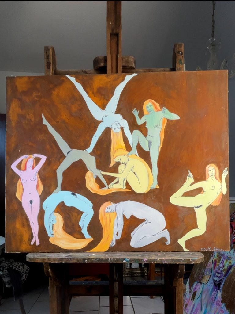 Verschiedene Frauen, abstrakte Farben in Öl mit rostigem Hintergrund auf Leinwand.