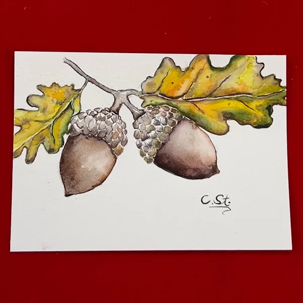 Aquarell Eicheln mit Blättern in Herbsttönen