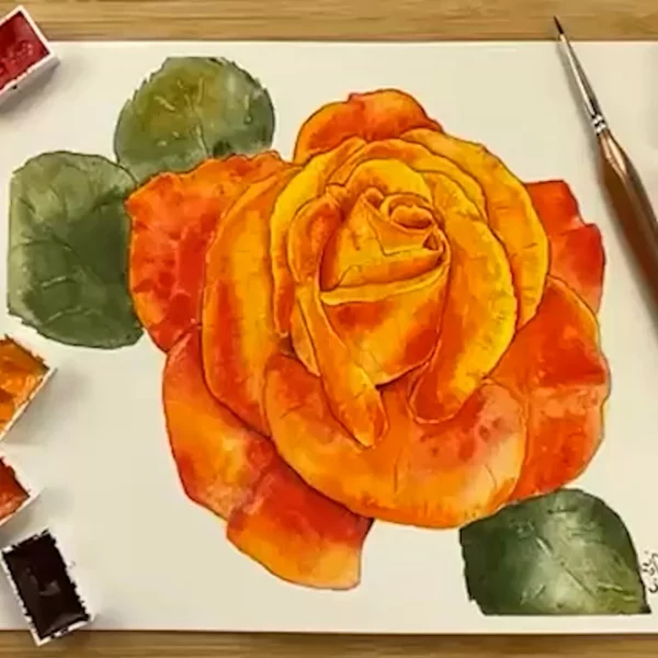 Aquarellbilder kaufen hier Aquarell Rose orange mit Blattgold
