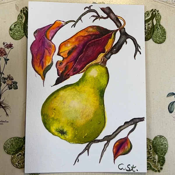 Aquarellbild Birne mit Blättern in herbstlichen Farben