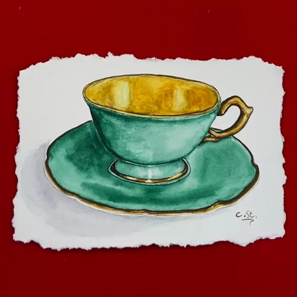 Aquarellbild einer grünen Teetasse auf Aquarellpapier mit Büttenpapierrand