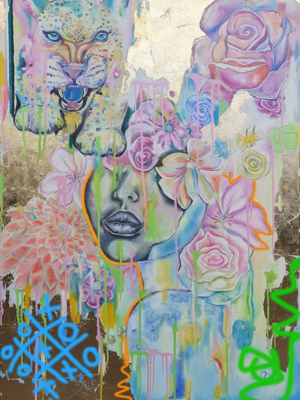 Bild: Frau mit Blumen und Jaguar in Öl und Blattgold auf Leinwand. 70 cm x 100 cm Titel: "Erwecke die Kraft in dir: Ein Aufbruch zu innerer Stärke und Entfaltung"