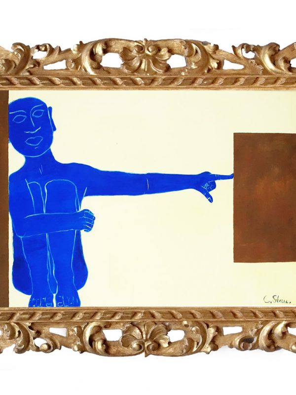 Bild: Ölbild mit Rost 70 cm x 100 cm Titel: "The power of habit"- "Die Macht der Gewohnheit" Eine Person in Remrandt--blau sitzt in einer Ecke und hält scheinbar mühelos einen Block in Rost-Optik auf der rechten Seite