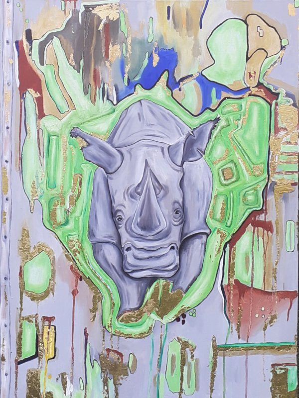 Ölbild: Titel: Rino in Wonderland, 60 cm x 80 cm, Ölfarbe mit Blattgold (Schlagmetall)