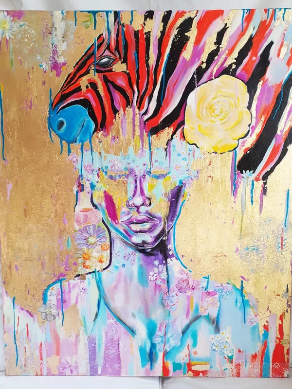 Bild: Ölbild mit Blattgold (Schlagmetall) 80 cm x 100 cm Titel: "Eine Reise zu deinem inneren Licht" Frau mit Blumen unter einem bunten, Zebra mit gelber Rose