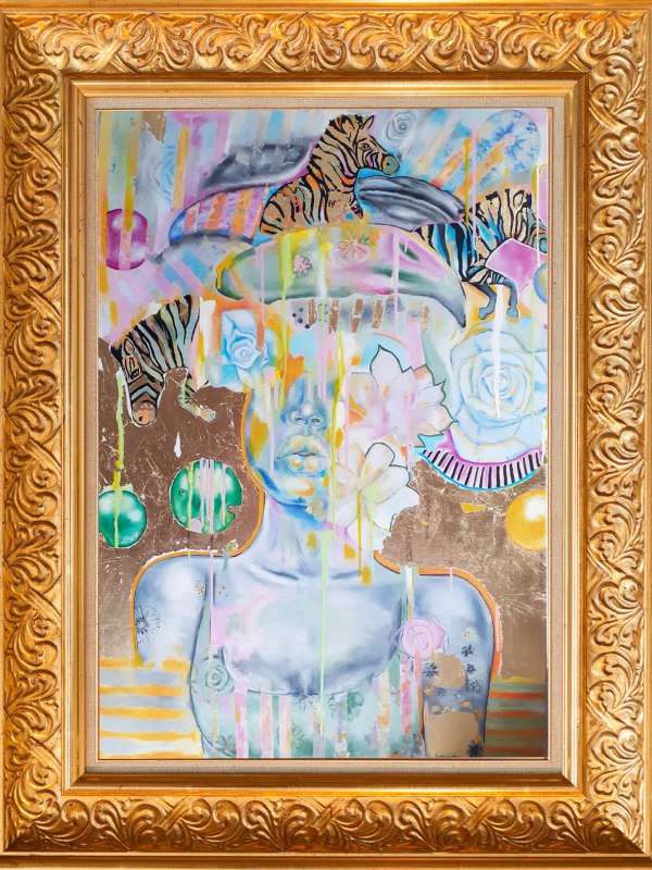 Ölbild auf Leinwand mit Blattgold 70 cm x 100 cm Titel: Zebras im Kopf Ölbild mit Blattgold Eine Frau mit einem riesigen, buntem Turban, aus dem Zebras und Farben quillen.